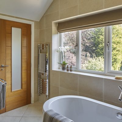 White VEKA UPVC casement bathroom windows with two side openers manufactured and installed by Andrew Wright Windows based in Irvine, Ayrshire, West coast of Scotland