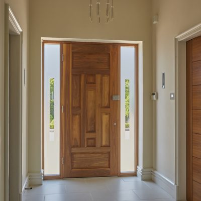 VEKA UPVC wooden style door in Golden Oak with two fixed satin glass panes manufactured and fitted by Andrew Wright Windows based in Irvine, Ayrshire