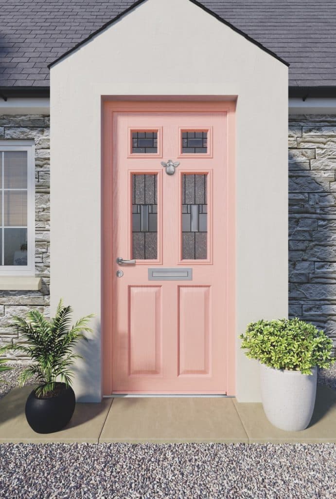 Door_of_the_week A beautiful salmon pink traditional composite Apeer door with the Aspire Limited Edition bumble bee knocker in chrome.