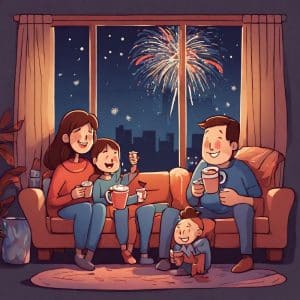 FMAILY WITH HOT COCOA INSIDE THEIR HOME WITH FIREWORKS IN BACKGROUND