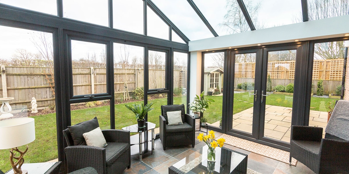 conservatory interior with view of garden