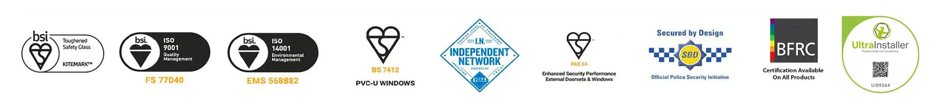 Accreditations for Andrew Wright Windows Including British Standards Institute, Independent Network Veka, Ultraframe certified Installer, Secured by Design Accreditation