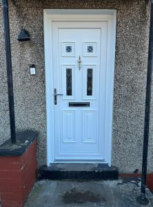 New Replacement white uPVC VEKA door with chrome hardware and knocker